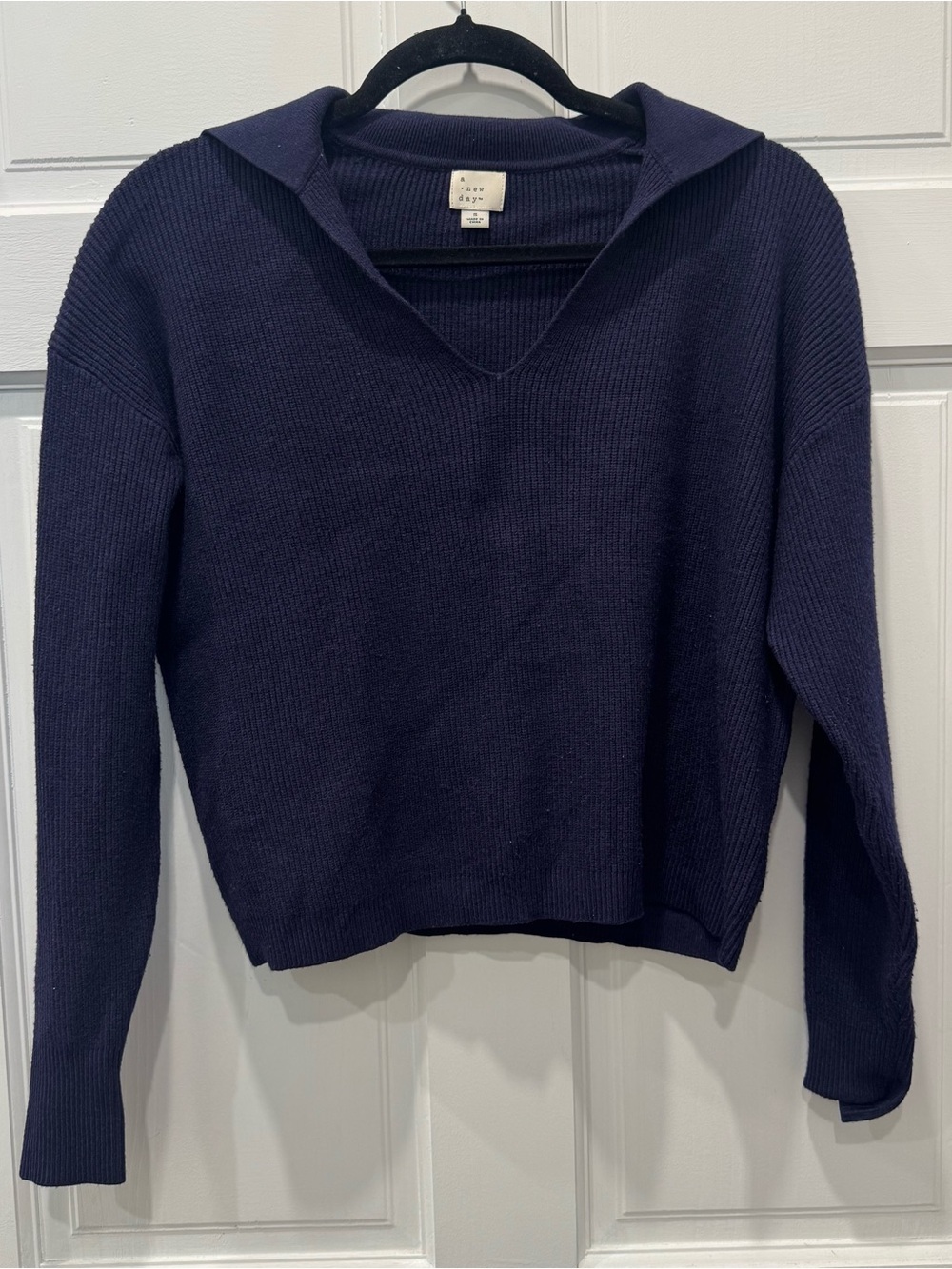 A New Day Navy Blue Ribbed Polo Collar V-Neck Pullover Sweater Size Small